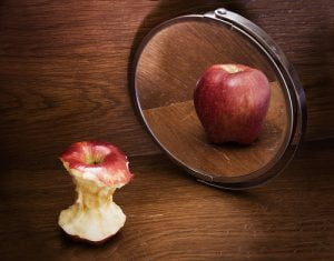 apple reflection in a mirror of an apple core